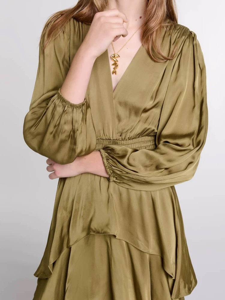 Olive Green Midi Dress with Cascading Ruffles