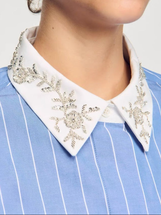 Asymmetrical Linen Shirt with Embellished Collar