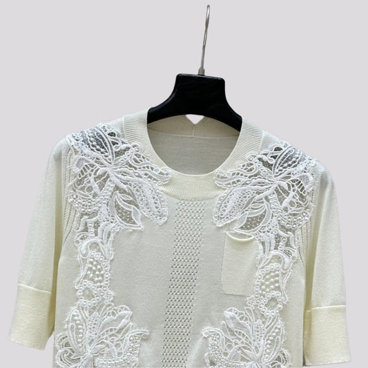 Short Sleeved Cardigan with Lace Insert and Round Neckline