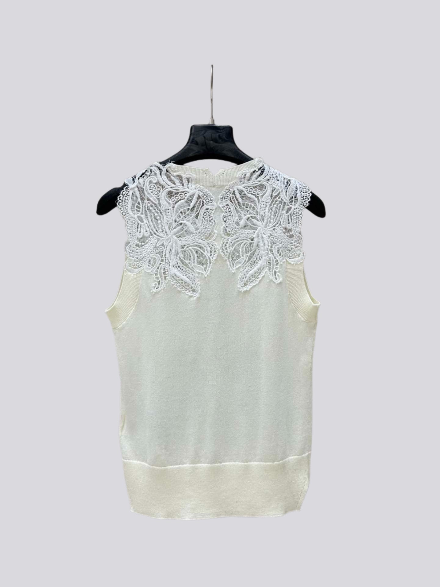 Knitted Vest in Beige with Lace Insert