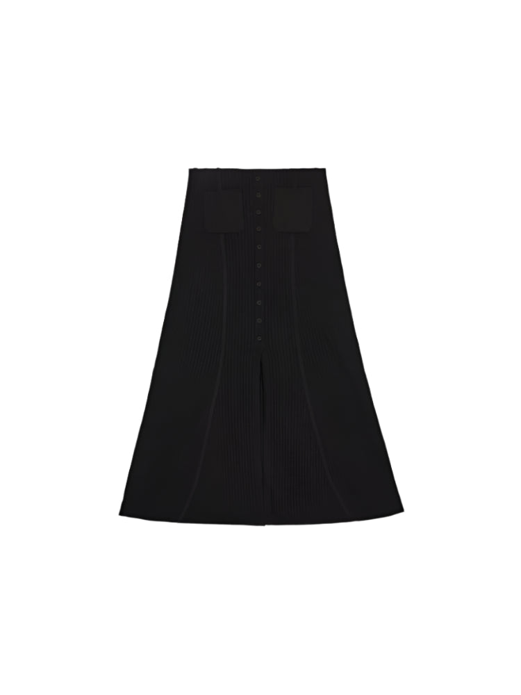 Flowy Midi A-Line Skirt in Black Knit