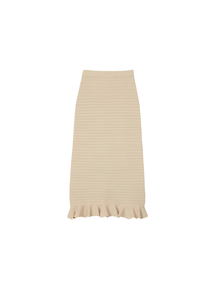 Textured Tea-length Knit Midi Skirt with Flounce