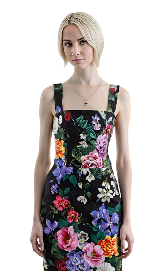 Noir Botanica Silk Pencil Dress