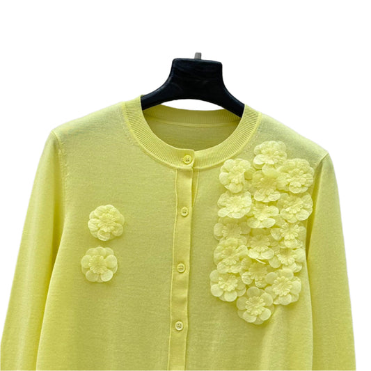 Sunny Yellow Linen Cardigan with 3D Flowers