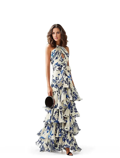 Maxi Dress with Flounces in Blue Floral Motif