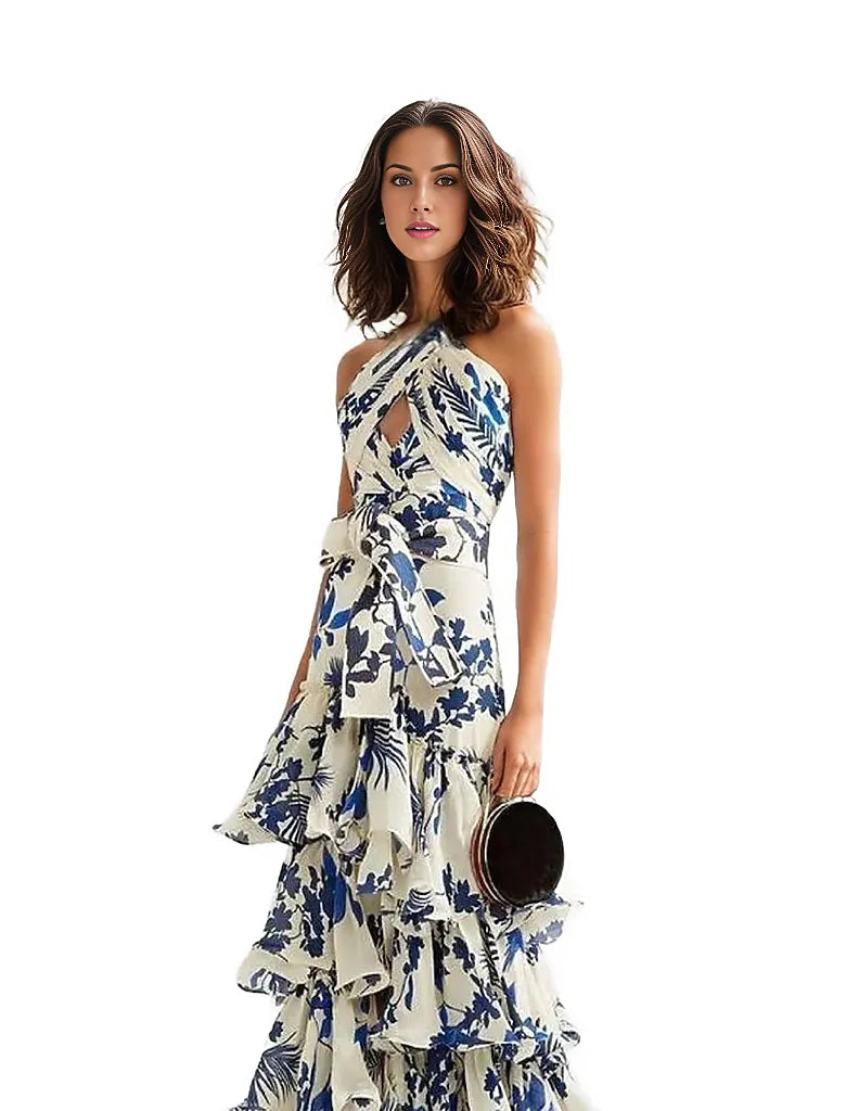 Maxi Dress with Flounces in Blue Floral Motif