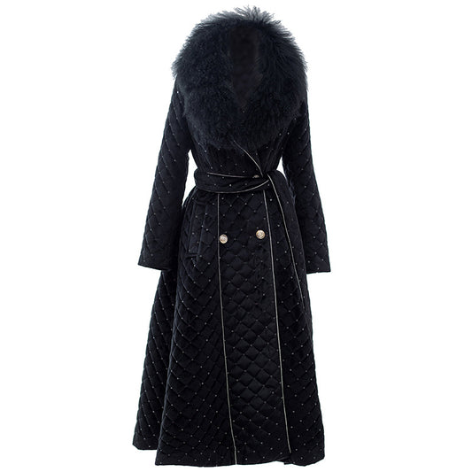Sequin Tufted Midi Coat with Faux Fur Collar