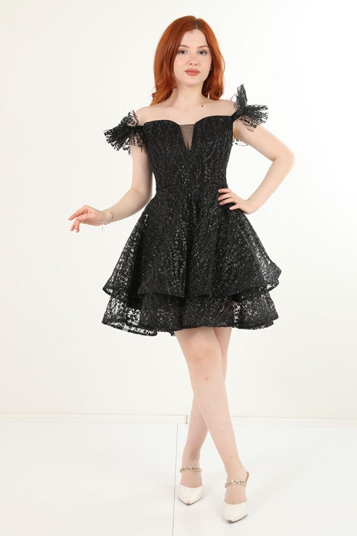 Tulle Mini Dress with Sequins and Butterfly Sleeves