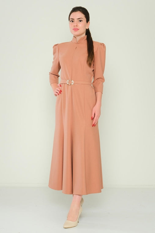 Midi Dress with Gathered Shoulders and Panelled Skirt