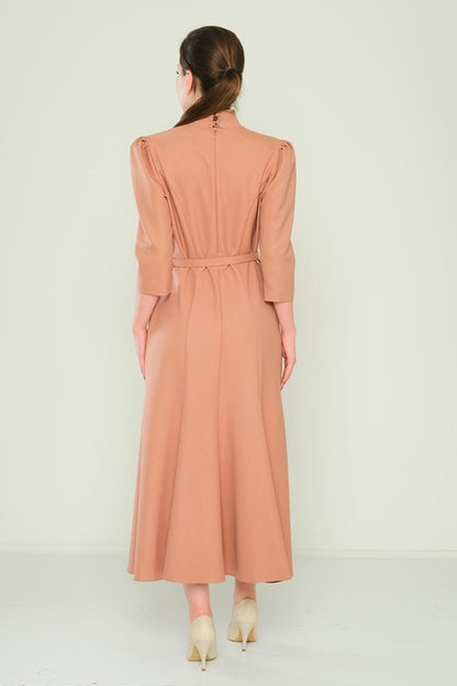 Midi Dress with Gathered Shoulders and Panelled Skirt