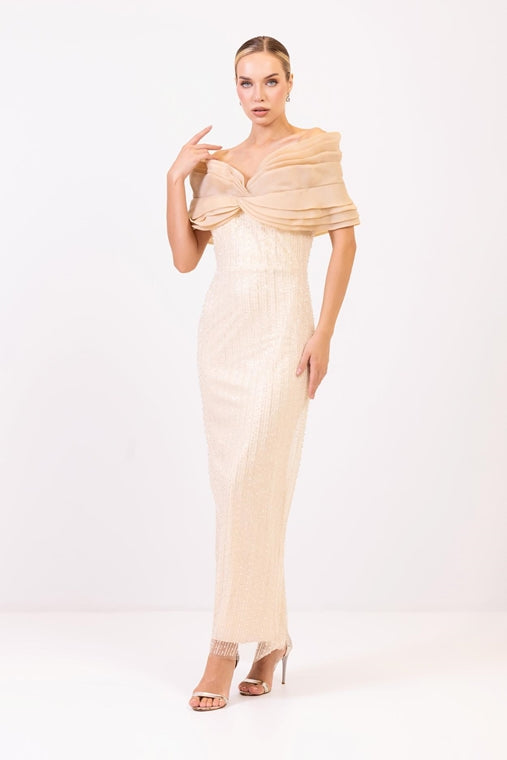 Champagne Evening Gown with Pleated Sleeves