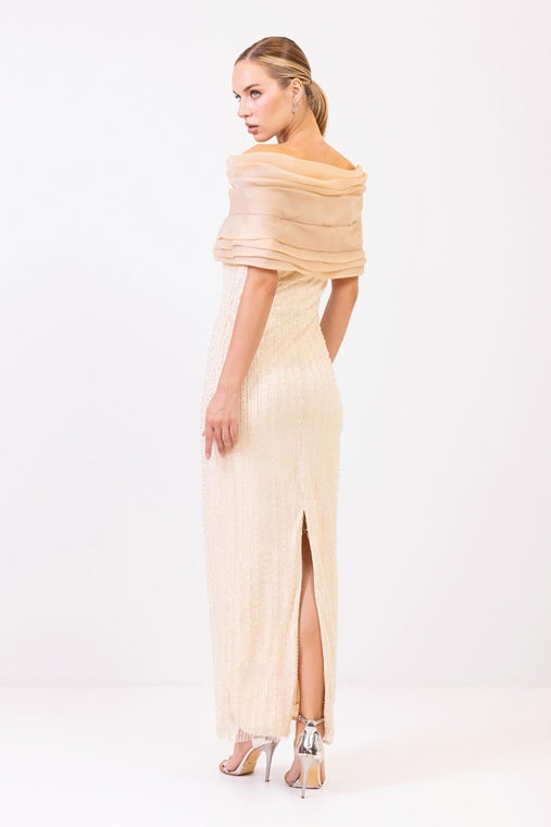 Champagne Evening Gown with Pleated Sleeves