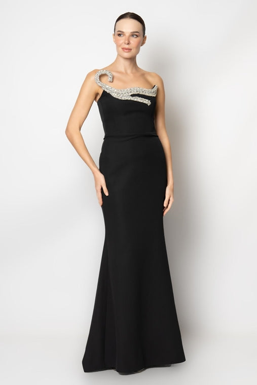 Long Sleeveless Evening Dress with Embellished Neckline