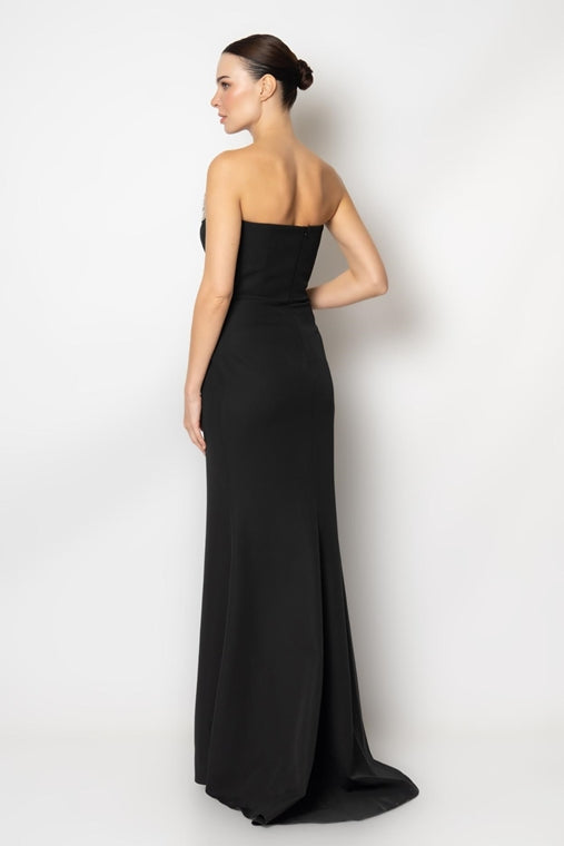 Long Sleeveless Evening Dress with Embellished Neckline