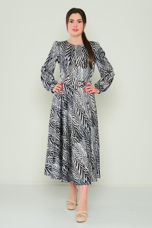 Midi A-Line Dress with Long Sleeves and Matching Belt