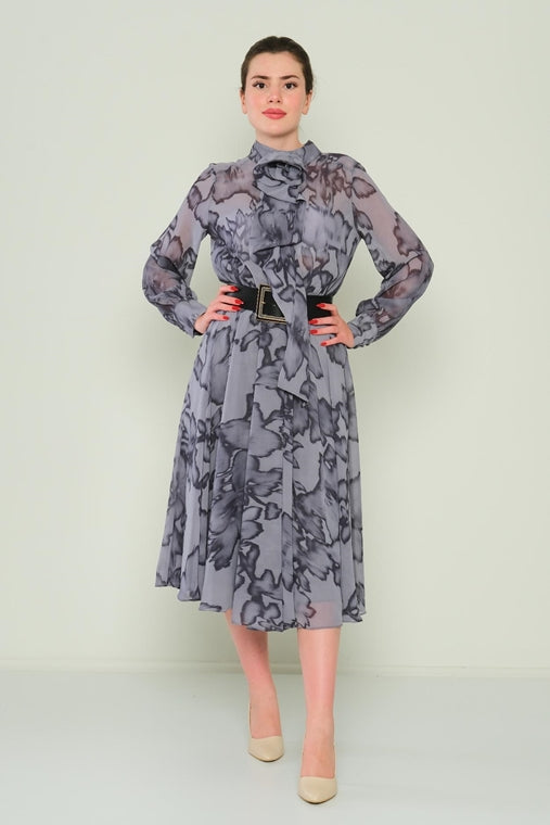 Midi Chiffon Dress with Collar, Long Sleeves, and Belt