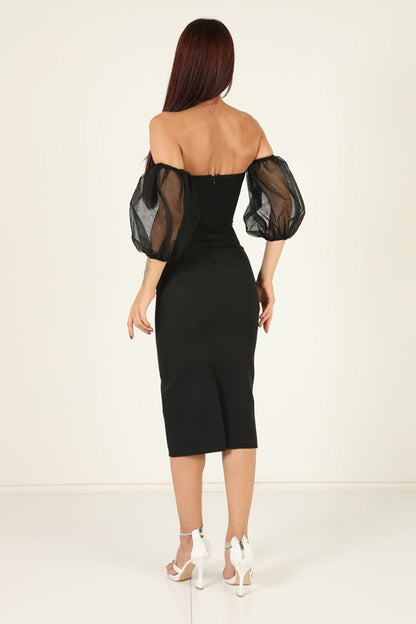 Midi Pencil Dress with Detachable Puff Sleeves