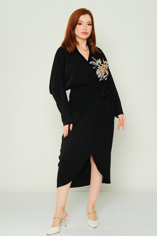 Midi Wrap Dress with Embroidered Corsage