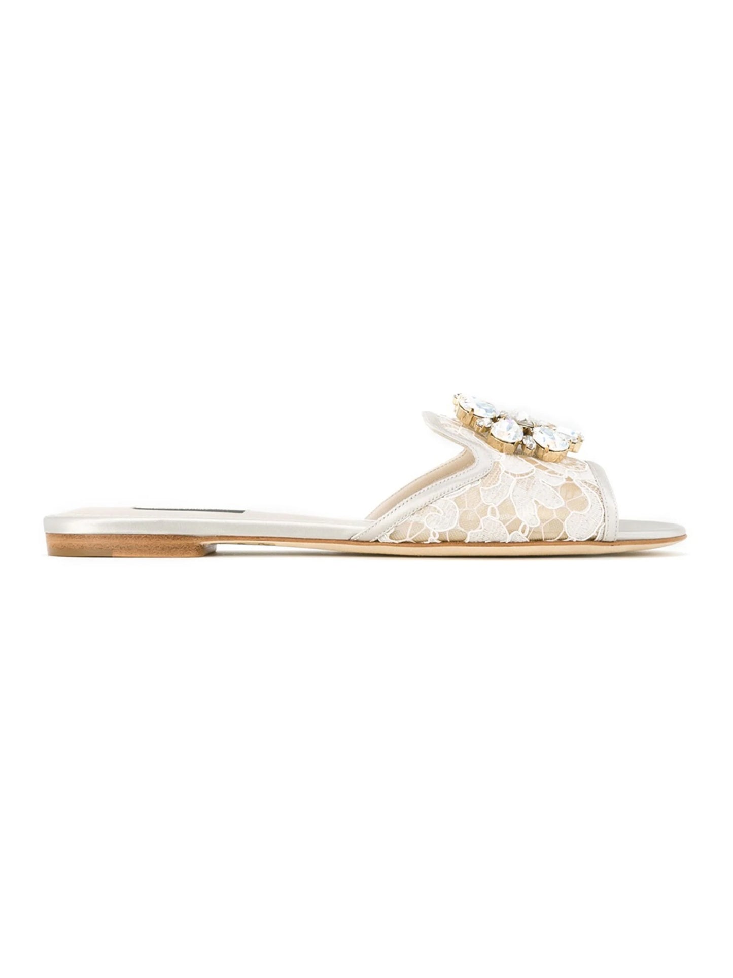 Sandals in White with Lace Detailing and Crystal Pendant