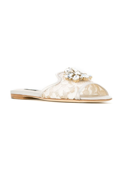 Sandals in White with Lace Detailing and Crystal Pendant