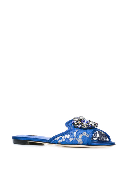 Sandals in Blue with Lace Detailing and Crystal Pendant