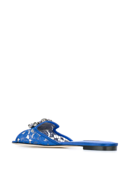 Sandals in Blue with Lace Detailing and Crystal Pendant