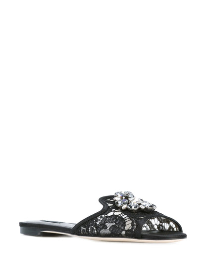 Sandals in Black with Lace Detailing and Crystal Pendant