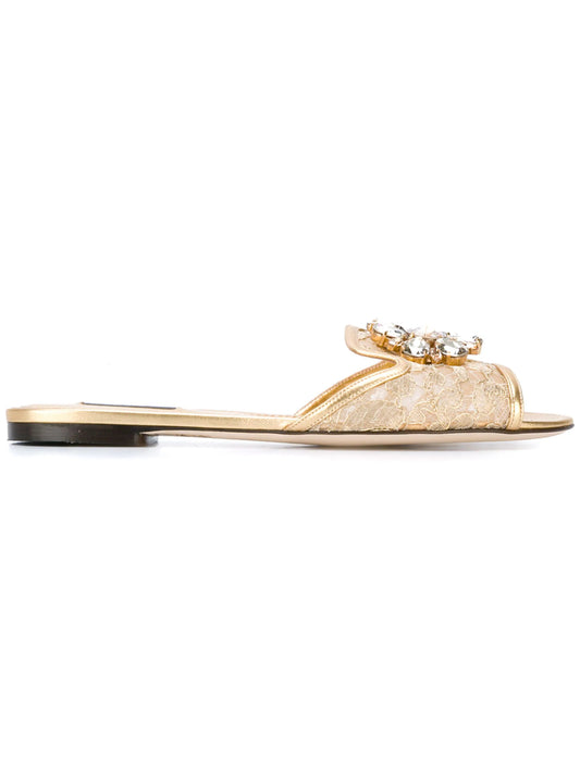 Sandal in Gold with Lace Detailing and Crystal Pendant