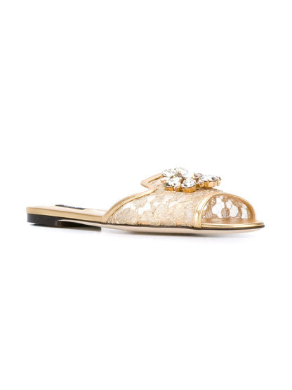 Sandal in Gold with Lace Detailing and Crystal Pendant