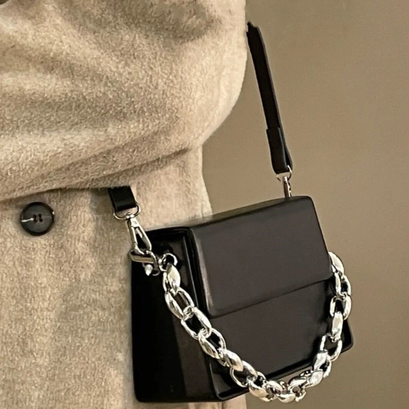 Leather Bag with Square Shape and Silver Chain Handle