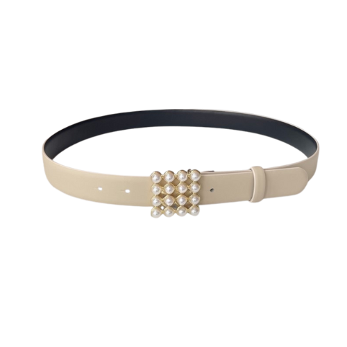 Leather Belt with Pearl Embellished Buckle