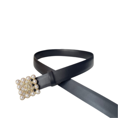 Leather Belt with Pearl Embellished Buckle