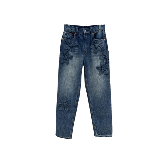 Mid Rise Straight Fit Jeans with Flower Motif