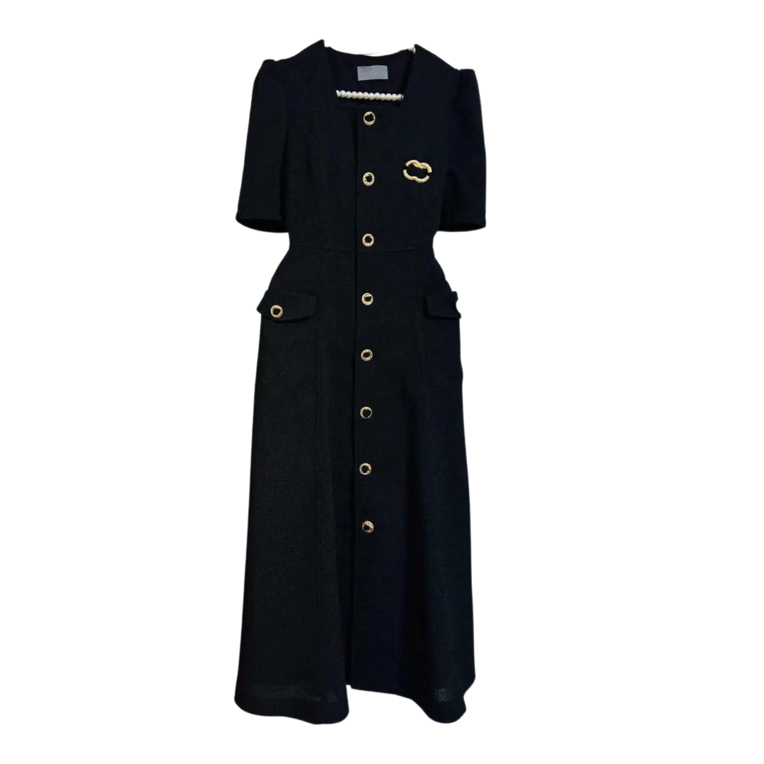 Midi Dress with Gold Buttons and Puff Short Sleeves