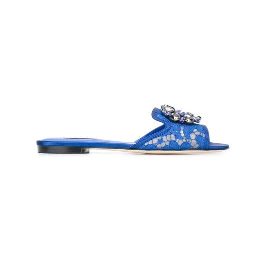 Sandals in Blue with Lace Detailing and Crystal Pendant
