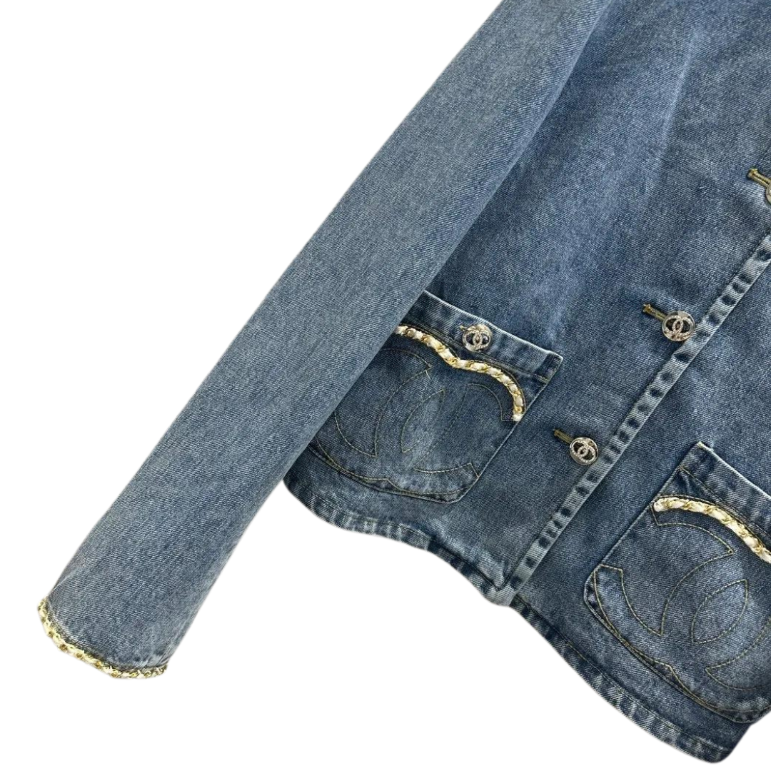 Denim Jacket with Crew-neck Collar