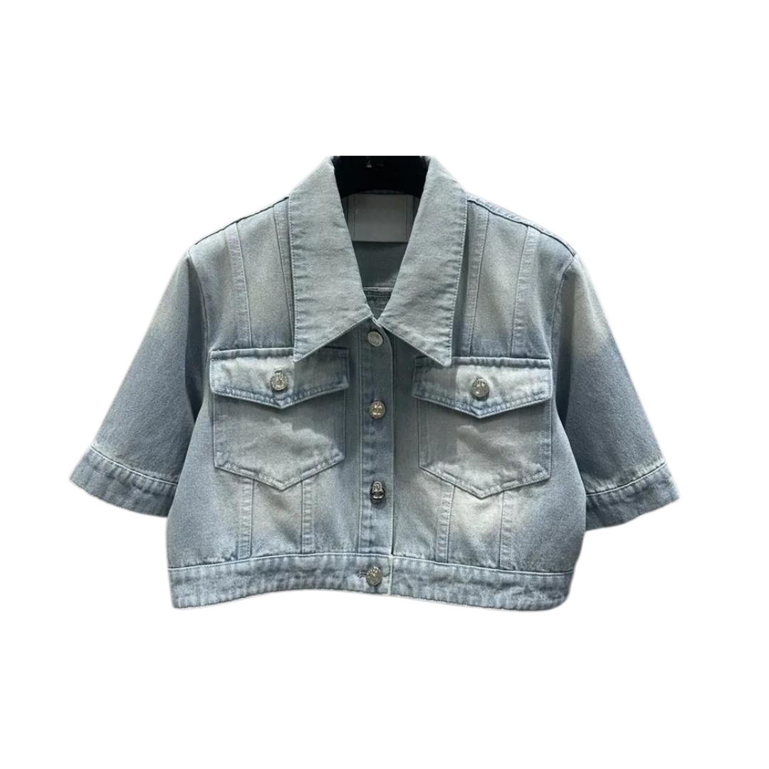 Single-breast Cropped Denim Jacket with Short Sleeves