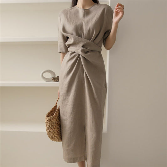 Midi Dress in Khaki Linen with Front Slit