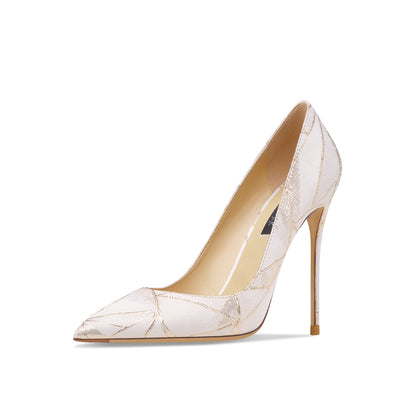 Leather Pointed Toe Stilettos with Embossed Gold Lines