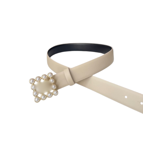 Leather Belt with Pearl Embellished Buckle