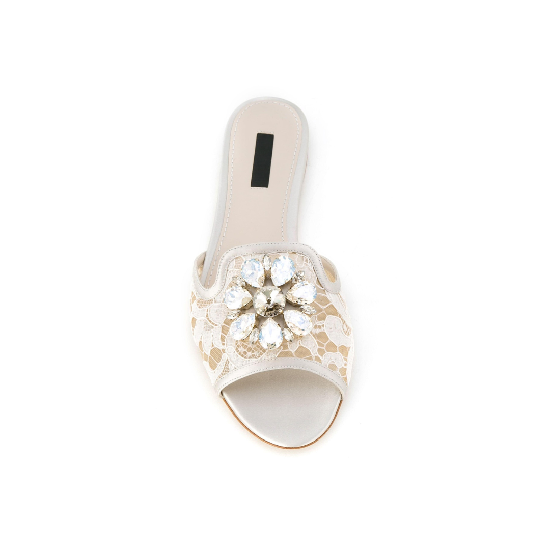 Sandals in White with Lace Detailing and Crystal Pendant