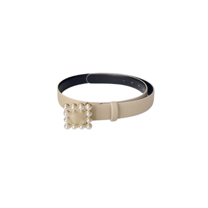 Leather Belt with Pearl Embellished Buckle