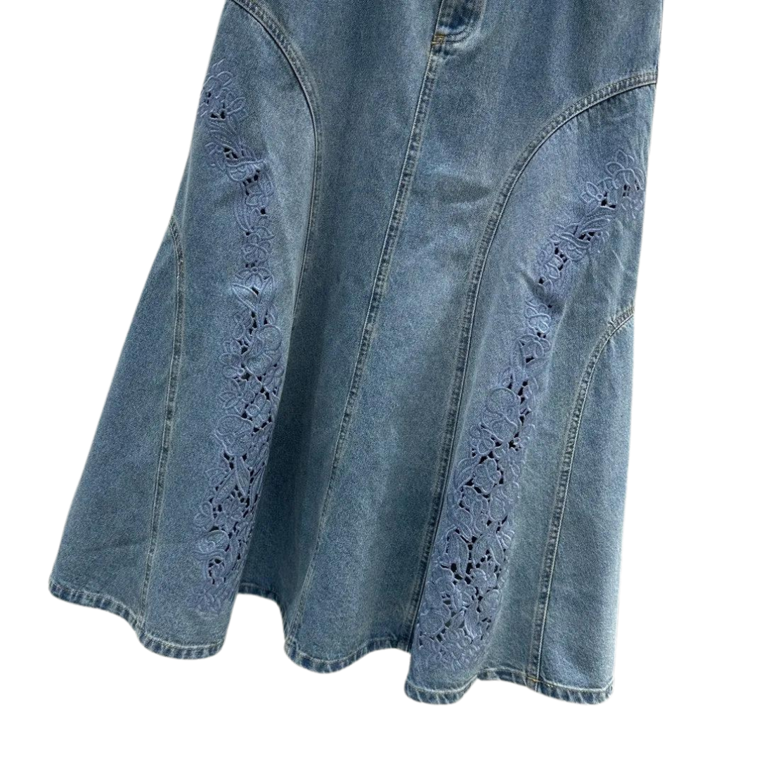 Midi Skirt in Denim with Embroidery Insert