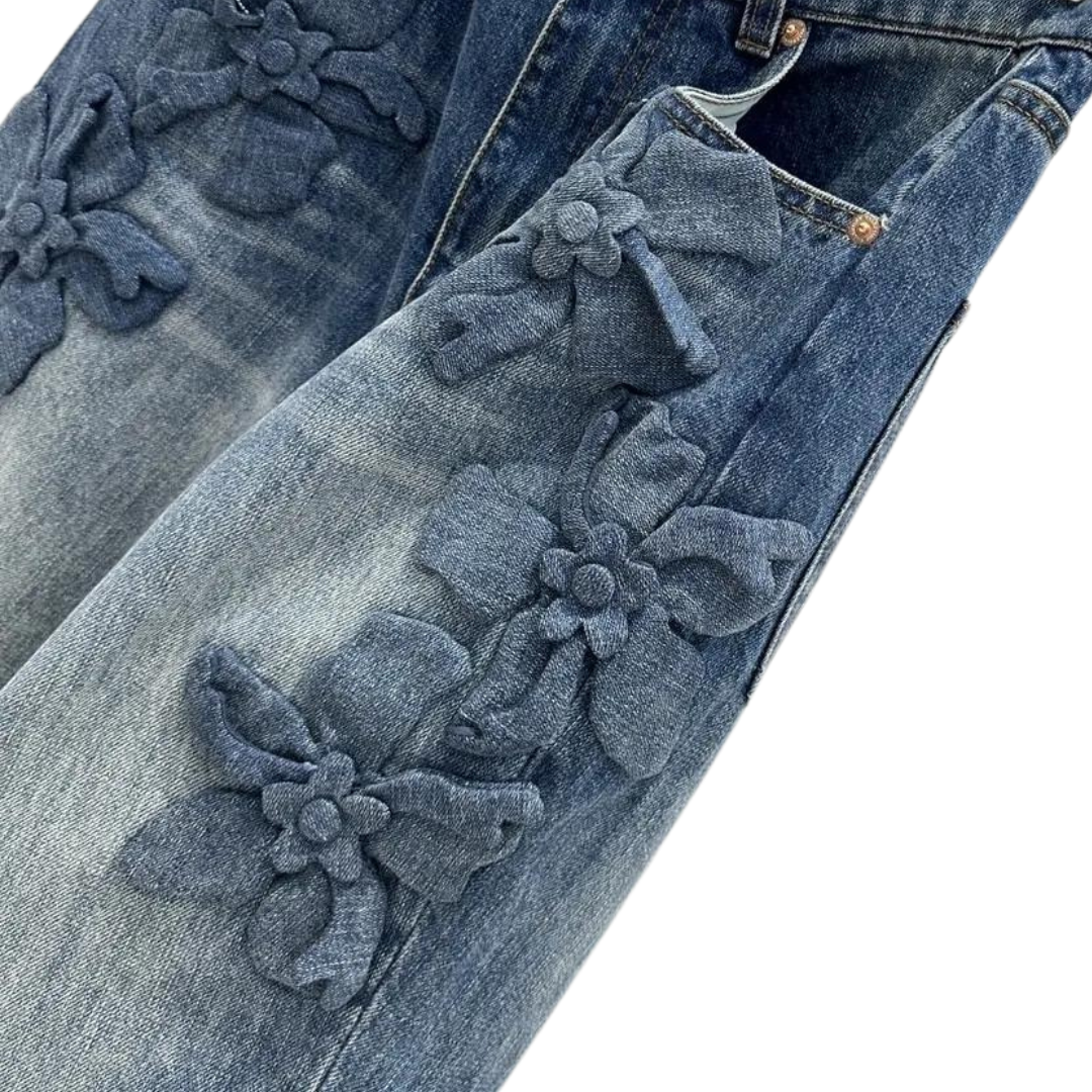 Mid Rise Straight Fit Jeans with Flower Motif