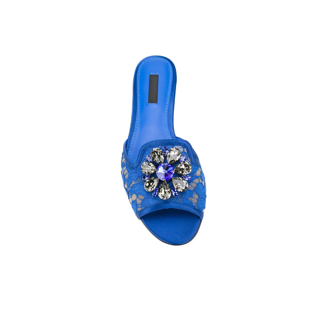 Sandals in Blue with Lace Detailing and Crystal Pendant