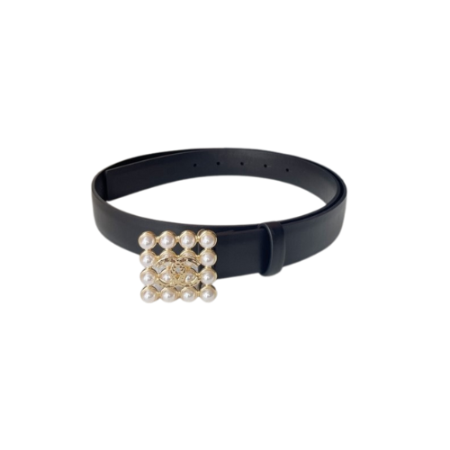 Leather Belt with Pearl Embellished Buckle