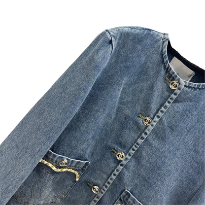 Denim Jacket with Crew-neck Collar