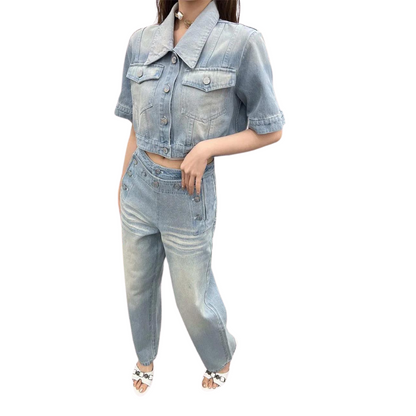 Single-breast Cropped Denim Jacket with Short Sleeves