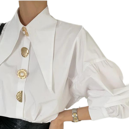 Shirt with Lantern Sleeves and Metal Buttons