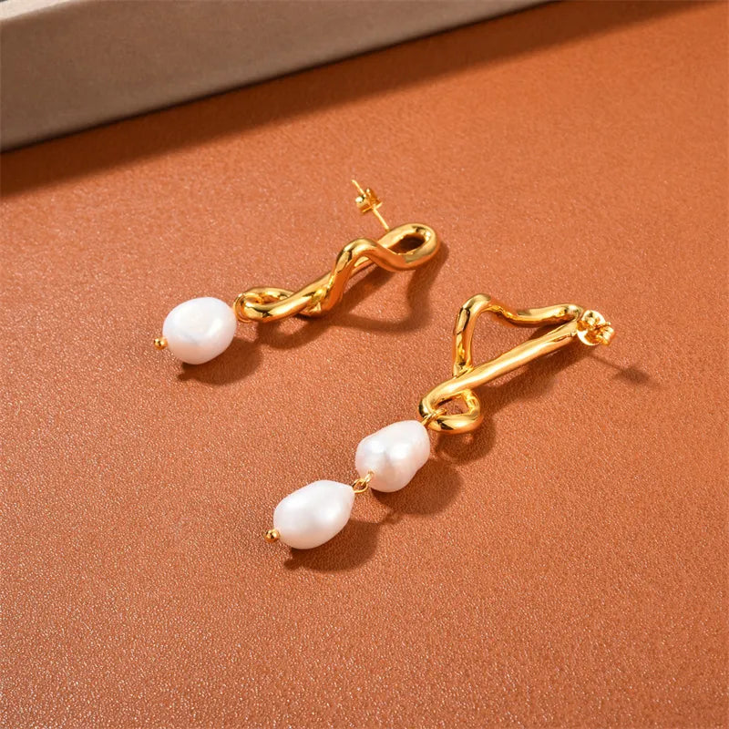 18K Gold Plated Crooked Earrings with Pearls